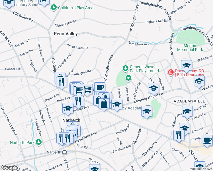 map of restaurants, bars, coffee shops, grocery stores, and more near 427 South Woodbine Avenue in Penn Valley
