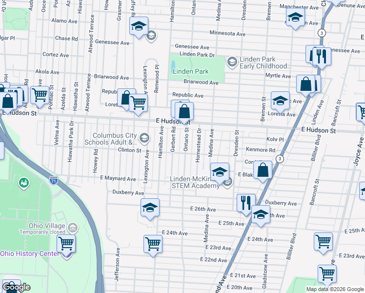map of restaurants, bars, coffee shops, grocery stores, and more near 2275 Ontario Street in Columbus