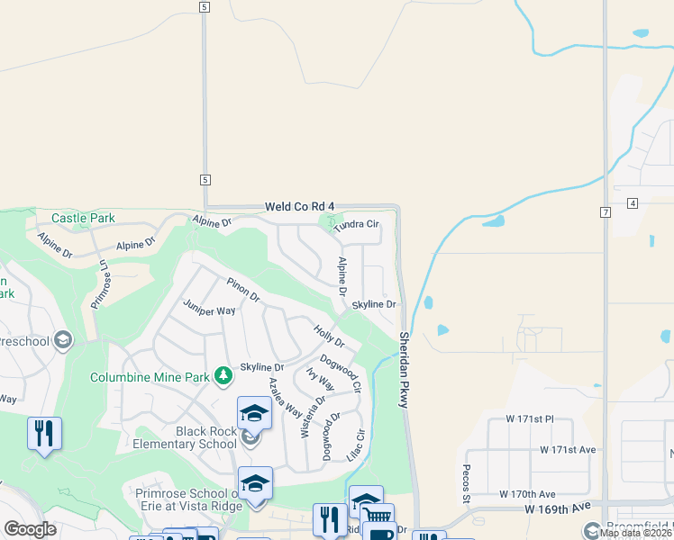 map of restaurants, bars, coffee shops, grocery stores, and more near 2274 Alpine Drive in Erie