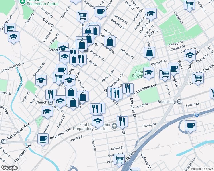 map of restaurants, bars, coffee shops, grocery stores, and more near 1821 Orthodox Street in Philadelphia