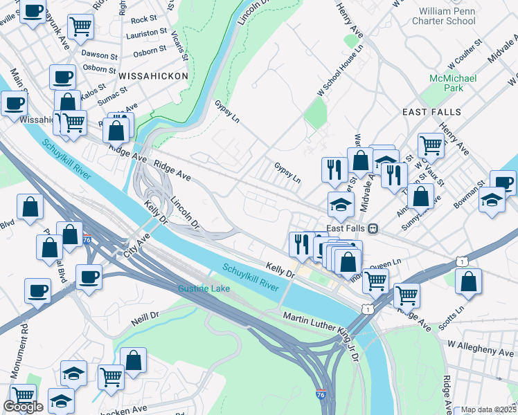 map of restaurants, bars, coffee shops, grocery stores, and more near 4426 Driftwood Drive in Philadelphia