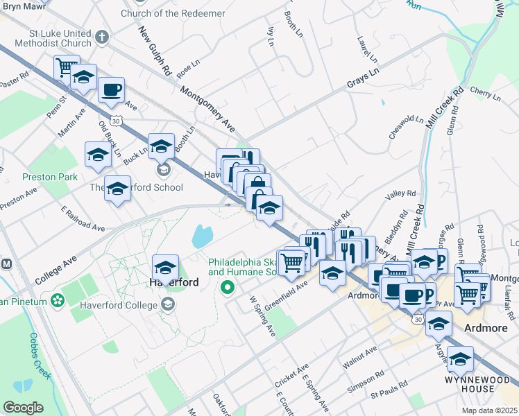 map of restaurants, bars, coffee shops, grocery stores, and more near 377 Lincoln Highway in Haverford