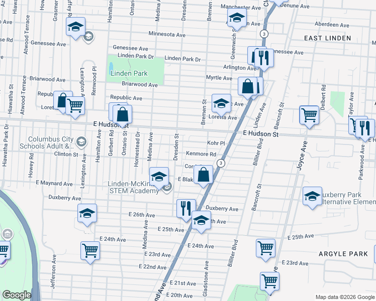 map of restaurants, bars, coffee shops, grocery stores, and more near 1442 Kenmore Road in Columbus