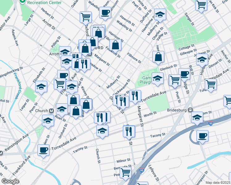 map of restaurants, bars, coffee shops, grocery stores, and more near 4618 Tackawanna Street in Philadelphia