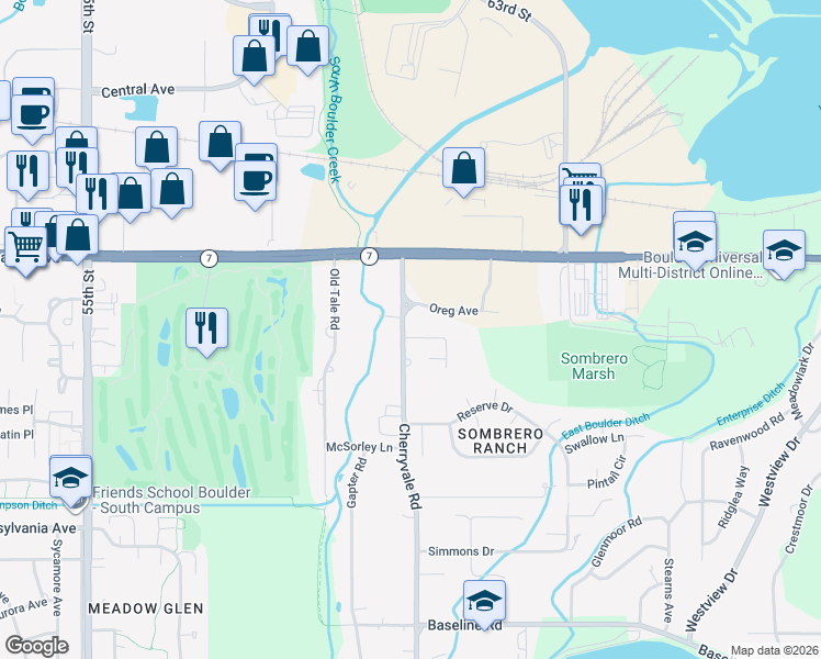 map of restaurants, bars, coffee shops, grocery stores, and more near 1468 Cherryvale Road in Boulder