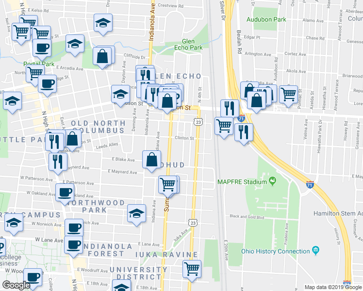 map of restaurants, bars, coffee shops, grocery stores, and more near 2401 Glenmawr Avenue in Columbus