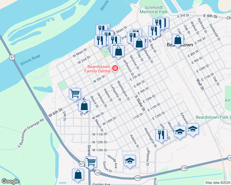 map of restaurants, bars, coffee shops, grocery stores, and more near 748 Lafayette St in Beardstown