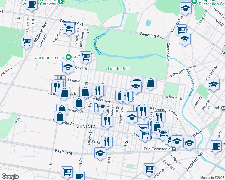map of restaurants, bars, coffee shops, grocery stores, and more near 4249 Lawndale Street in Philadelphia