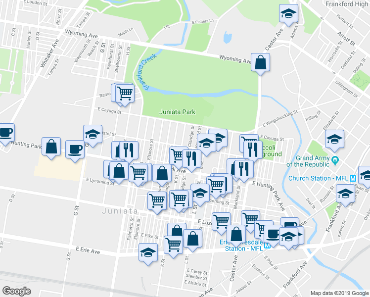 map of restaurants, bars, coffee shops, grocery stores, and more near 4259 K St in Philadelphia