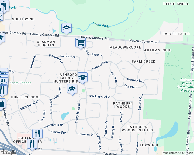 map of restaurants, bars, coffee shops, grocery stores, and more near 247 Buttonwood Court in Gahanna
