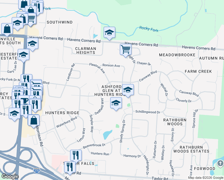 map of restaurants, bars, coffee shops, grocery stores, and more near 785 Ashford Glen Drive in Columbus