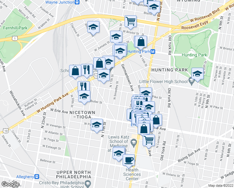 map of restaurants, bars, coffee shops, grocery stores, and more near 3849 North Smedley Street in Philadelphia
