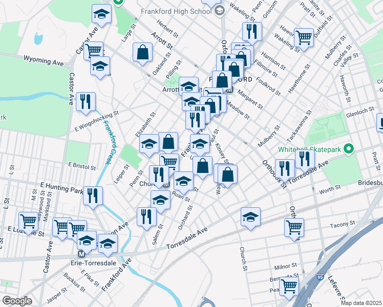 map of restaurants, bars, coffee shops, grocery stores, and more near 4407 Frankford Avenue in Philadelphia