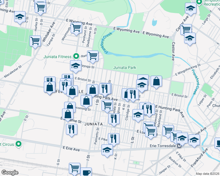 map of restaurants, bars, coffee shops, grocery stores, and more near 4243 Elsinore Street in Philadelphia