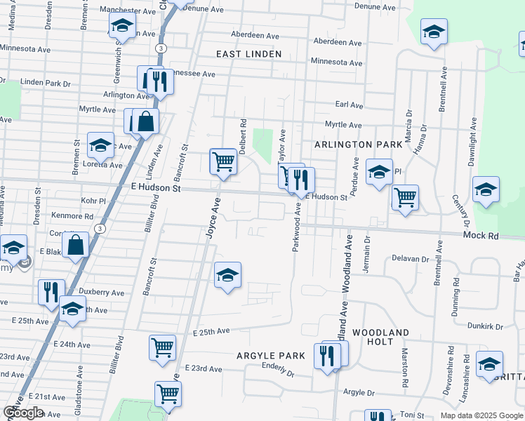 map of restaurants, bars, coffee shops, grocery stores, and more near 2200 Foundation Drive in Columbus