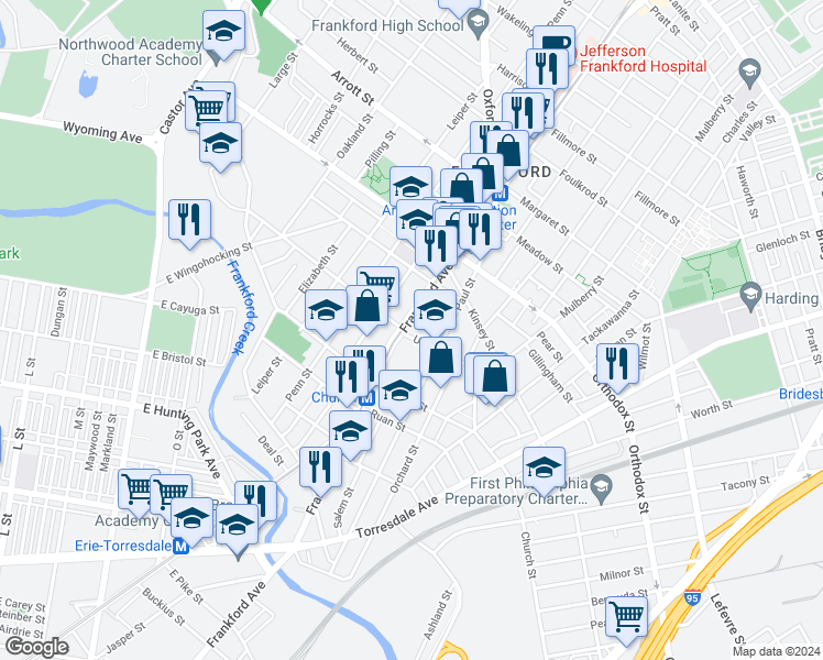 map of restaurants, bars, coffee shops, grocery stores, and more near 4405 Frankford Avenue in Philadelphia