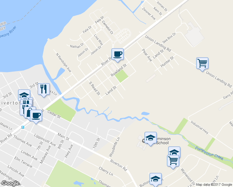 map of restaurants, bars, coffee shops, grocery stores, and more near 817 South Warrington Avenue in Cinnaminson