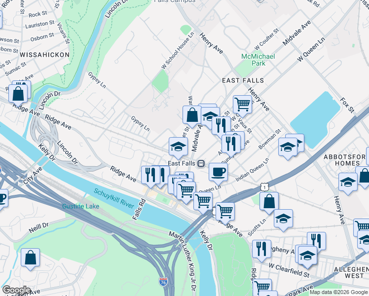map of restaurants, bars, coffee shops, grocery stores, and more near 3409 Cresson Street in Philadelphia