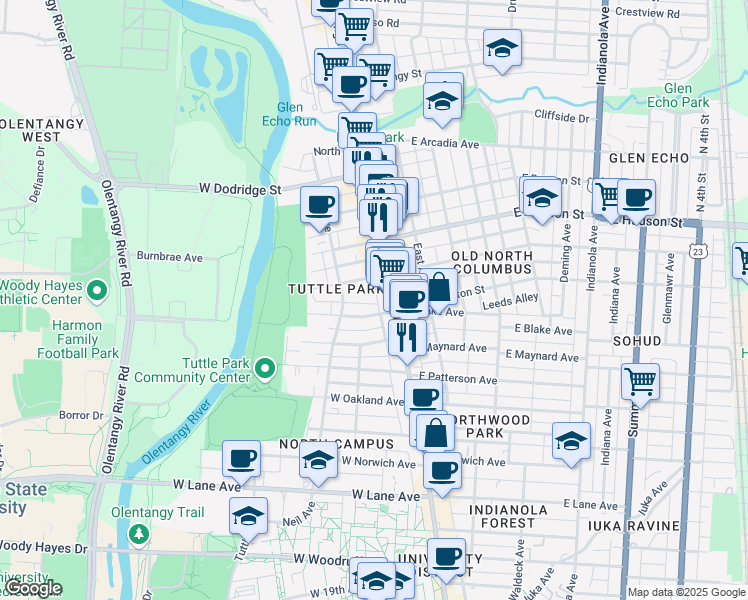map of restaurants, bars, coffee shops, grocery stores, and more near 2463 North Wall Street in Columbus