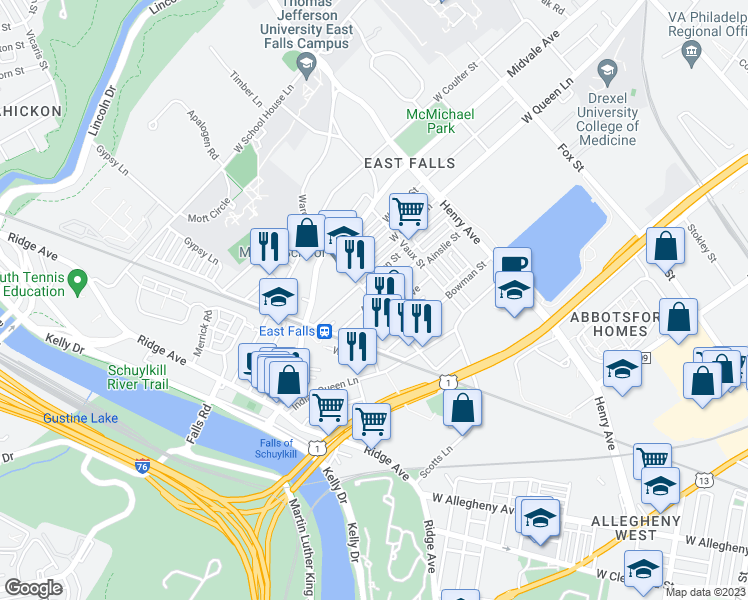 map of restaurants, bars, coffee shops, grocery stores, and more near Conrad St & Ainslie St in Philadelphia