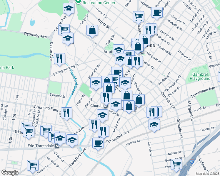 map of restaurants, bars, coffee shops, grocery stores, and more near 4358 Frankford Avenue in Philadelphia