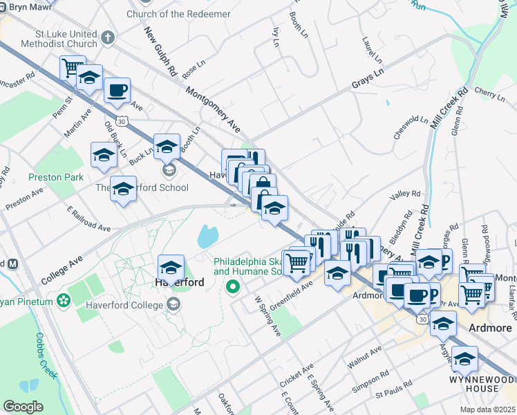 map of restaurants, bars, coffee shops, grocery stores, and more near 377 Lincoln Highway in Haverford