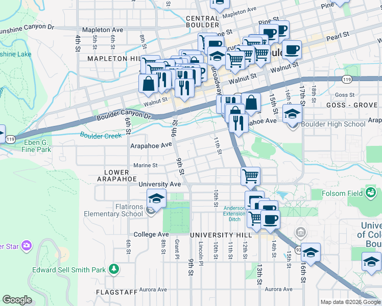 map of restaurants, bars, coffee shops, grocery stores, and more near 949 Marine Street in Boulder