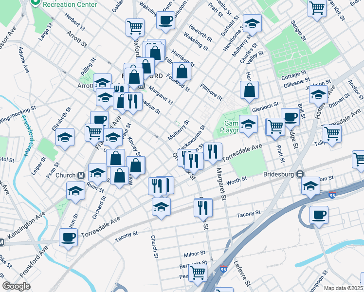 map of restaurants, bars, coffee shops, grocery stores, and more near 4618 Tackawanna Street in Philadelphia