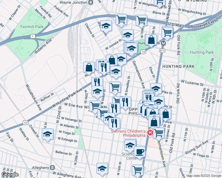 map of restaurants, bars, coffee shops, grocery stores, and more near 3835 North 18th Street in Philadelphia