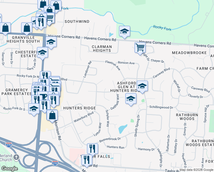map of restaurants, bars, coffee shops, grocery stores, and more near 246 Caro Place in Columbus
