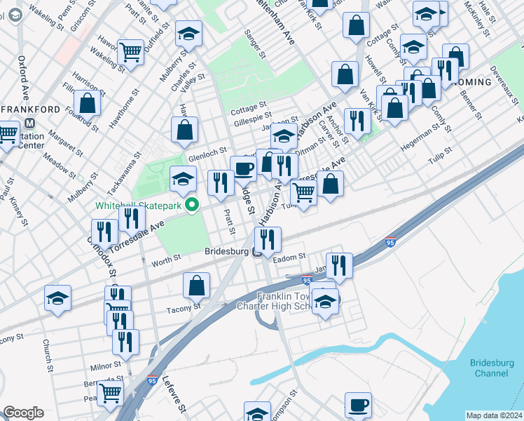 map of restaurants, bars, coffee shops, grocery stores, and more near 2138 Scattergood Street in Philadelphia