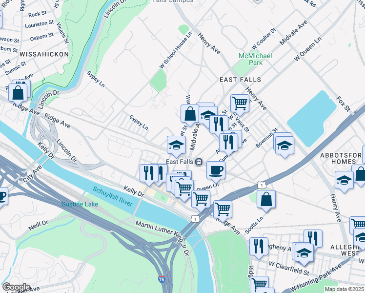 map of restaurants, bars, coffee shops, grocery stores, and more near 3409 Cresson Street in Philadelphia