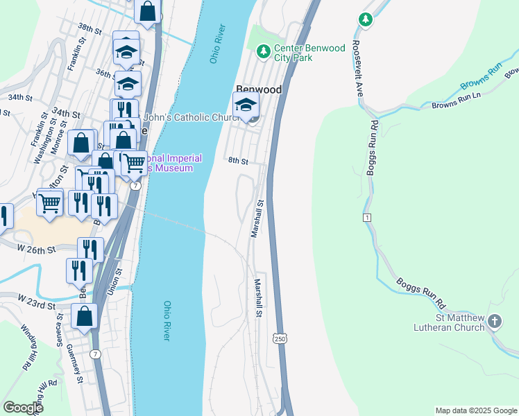 map of restaurants, bars, coffee shops, grocery stores, and more near 1099 Marshall Street in Benwood