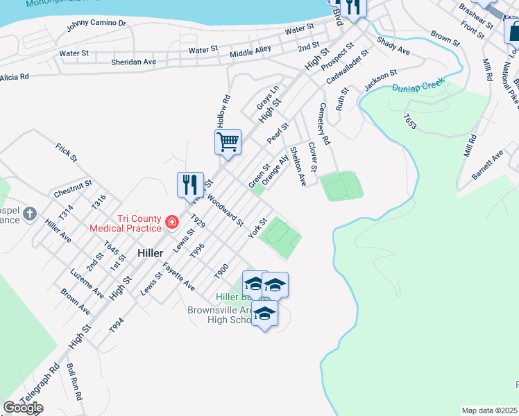 map of restaurants, bars, coffee shops, grocery stores, and more near 615 Howard St in Brownsville