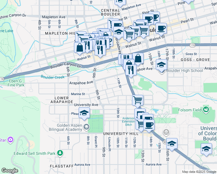 map of restaurants, bars, coffee shops, grocery stores, and more near 1617 Lincoln Place in Boulder