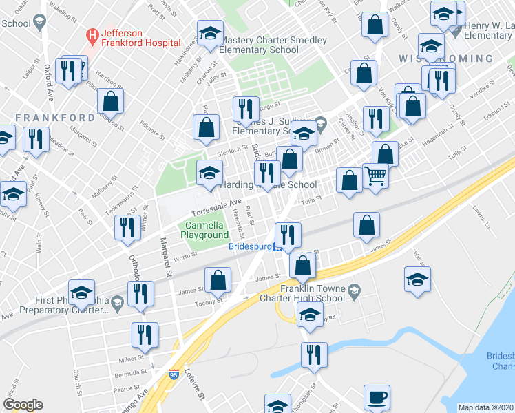 map of restaurants, bars, coffee shops, grocery stores, and more near 2128 Bridge Street in Philadelphia