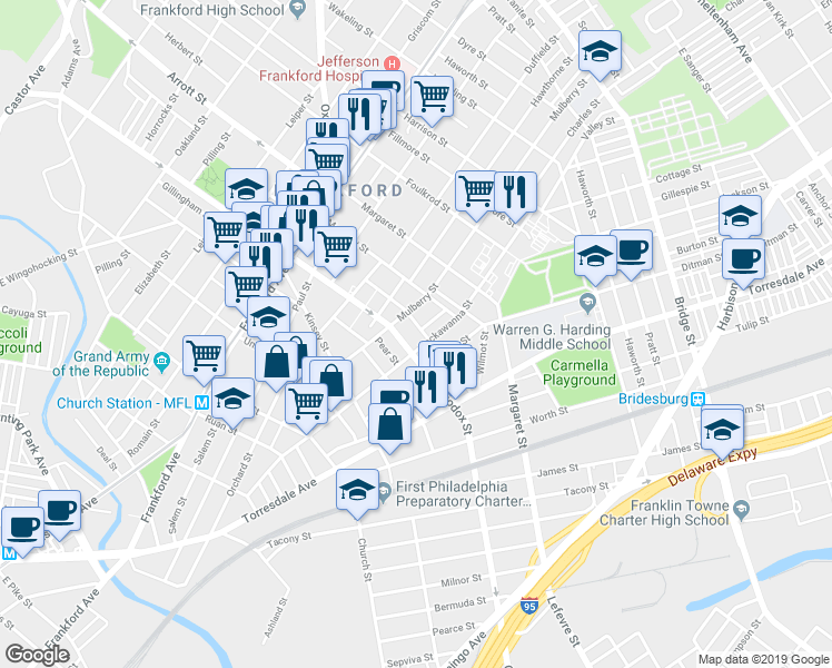 map of restaurants, bars, coffee shops, grocery stores, and more near 1821 Orthodox Street in Philadelphia
