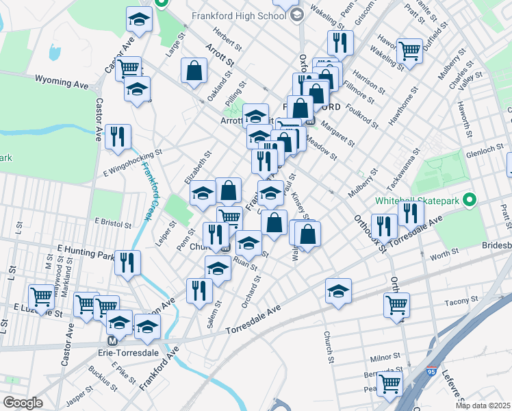 map of restaurants, bars, coffee shops, grocery stores, and more near 4407 Frankford Avenue in Philadelphia