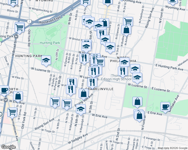 map of restaurants, bars, coffee shops, grocery stores, and more near 4018 North Reese Street in Philadelphia