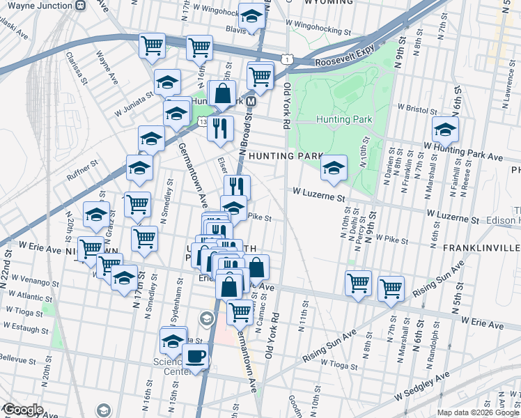 map of restaurants, bars, coffee shops, grocery stores, and more near in Philadelphia