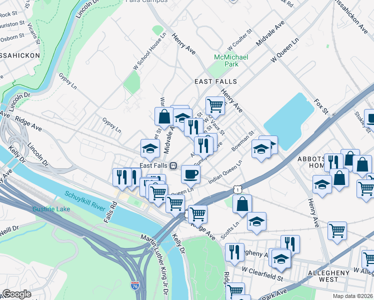 map of restaurants, bars, coffee shops, grocery stores, and more near 3511 Ainslie Street in Philadelphia