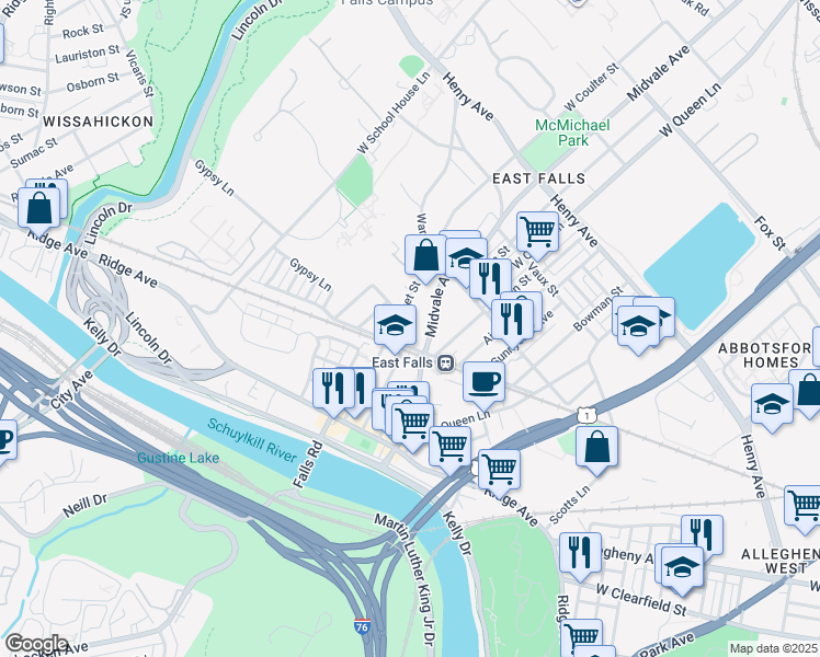 map of restaurants, bars, coffee shops, grocery stores, and more near 3409 Cresson Street in Philadelphia