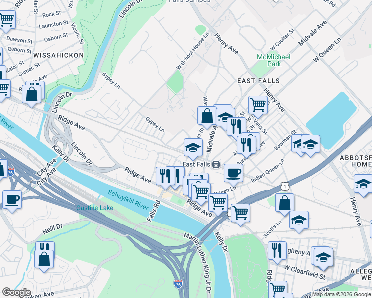 map of restaurants, bars, coffee shops, grocery stores, and more near 3439 Cresson Street in Philadelphia