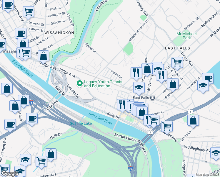 map of restaurants, bars, coffee shops, grocery stores, and more near 4419 Driftwood Drive in Philadelphia