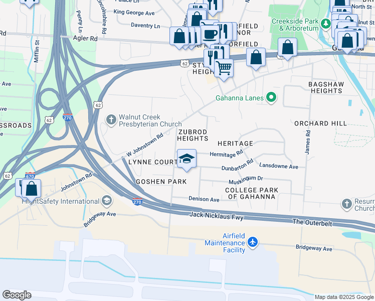 map of restaurants, bars, coffee shops, grocery stores, and more near 418 Hermitage Road in Columbus