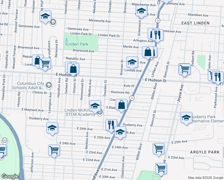 map of restaurants, bars, coffee shops, grocery stores, and more near 1442 Kenmore Road in Columbus