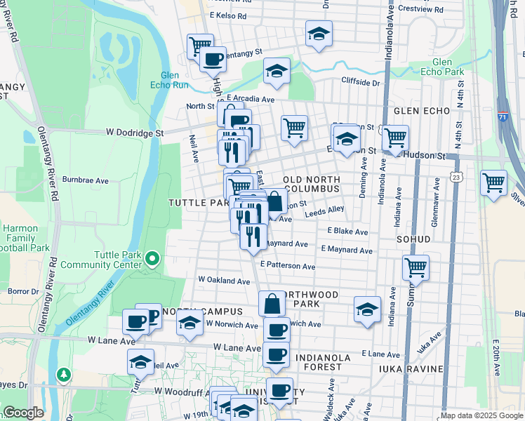 map of restaurants, bars, coffee shops, grocery stores, and more near 2458 North Pearl Street in Columbus