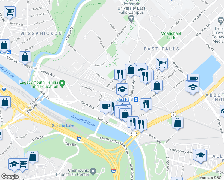 map of restaurants, bars, coffee shops, grocery stores, and more near Cresson Street & Fisk Avenue in Philadelphia