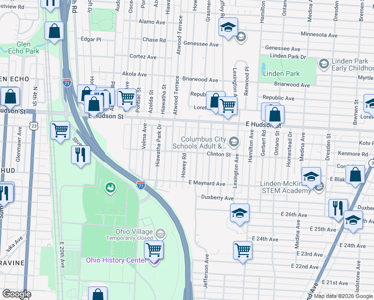 map of restaurants, bars, coffee shops, grocery stores, and more near 2314 Howey Road in Columbus