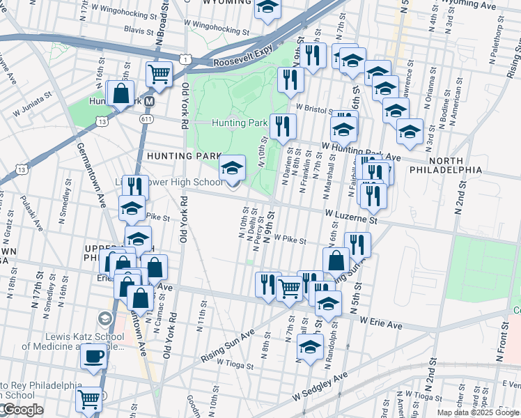 map of restaurants, bars, coffee shops, grocery stores, and more near 3950 North Percy Street in Philadelphia
